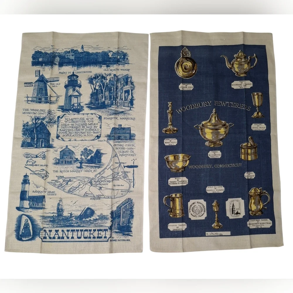 Set Of 2 New VTG New England Kay Dee Company Linen Tea Towels Woodbury Pewterers